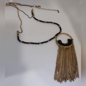Goldtone Circle Seed Black Seed Bead Hanging Chains Fringe 22" Necklace Boho